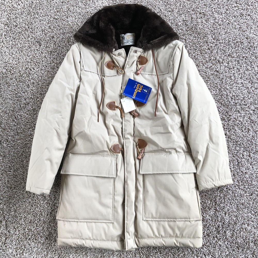 Vintage London Fog Faux Fur Lined Hooded‎ Toggle Coat Beige Tan Union Made USA